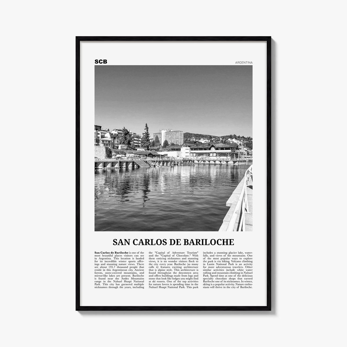 San Carlos de Bariloche black & white newspaper poster of Argentina – vertical wall art, unframed print shown in interior moc