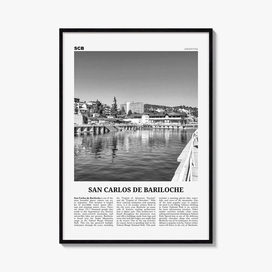 San Carlos de Bariloche black & white newspaper poster of Argentina – vertical wall art, unframed print shown in interior moc