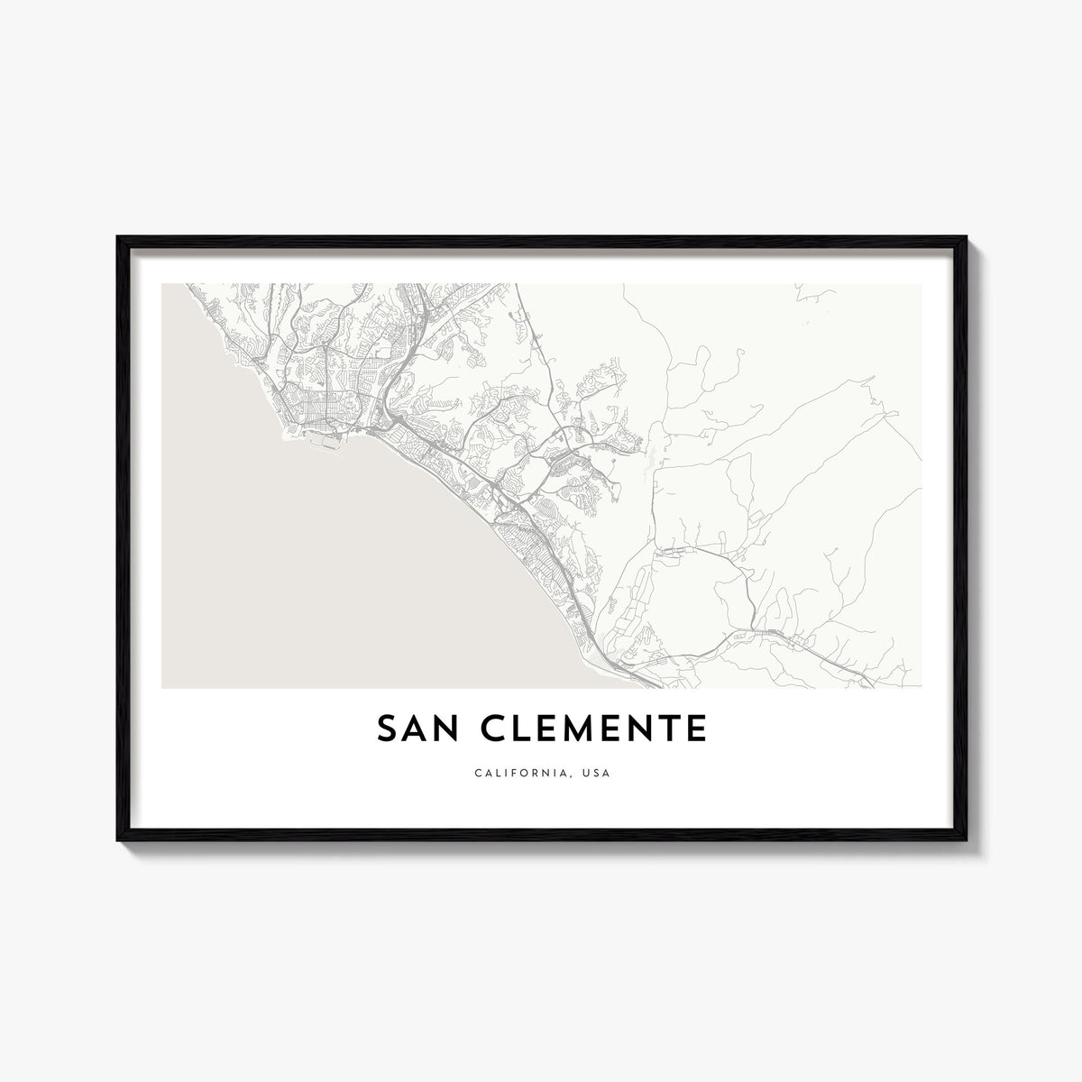 San Clemente black & white map poster of California, USA – horizontal wall art, unframed print shown in interior mockup