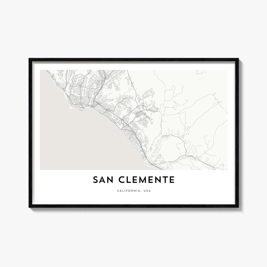 San Clemente black & white map poster of California, USA – horizontal wall art, unframed print shown in interior mockup