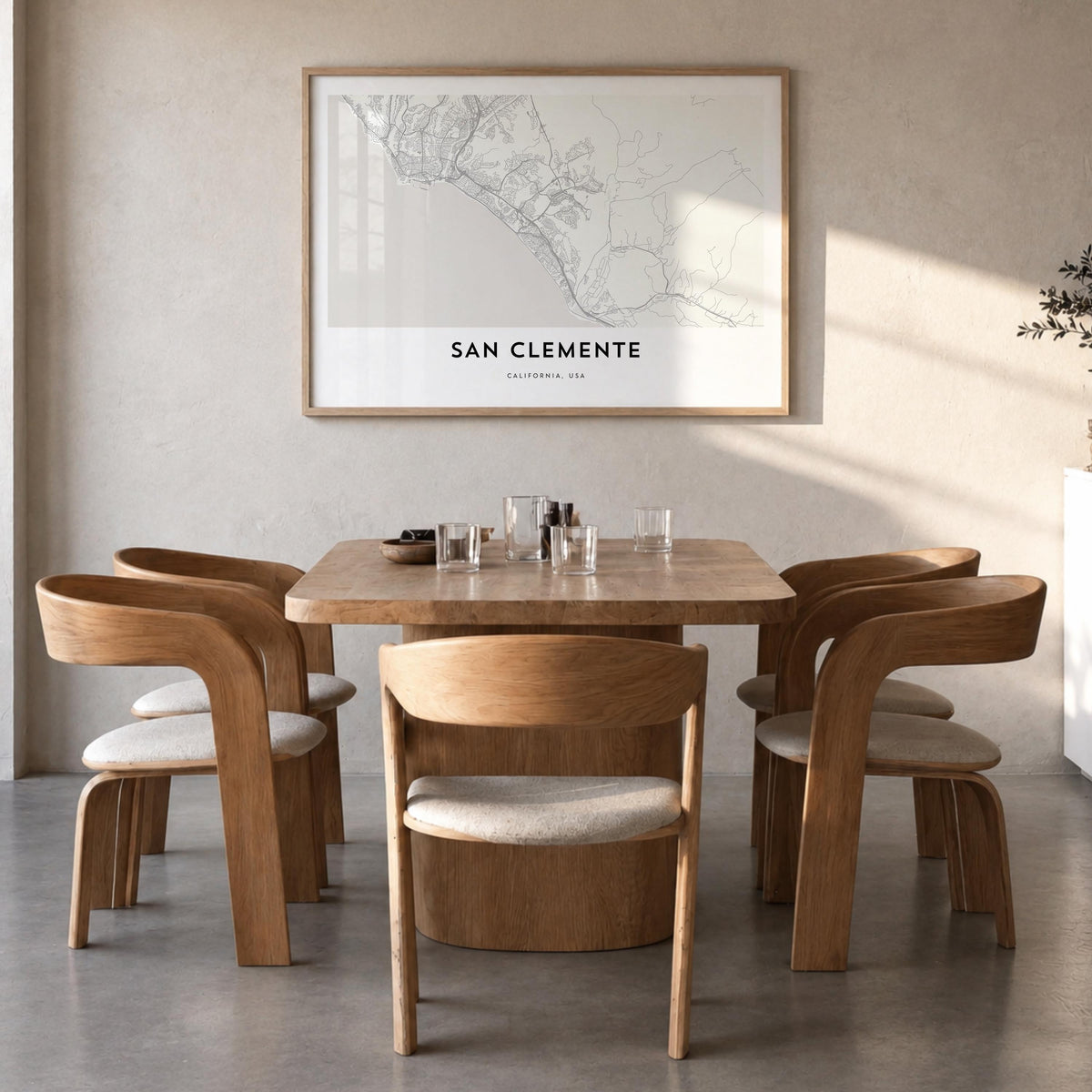 San Clemente black & white map poster of California, USA – horizontal wall art in natural wood frame, hanging on wall