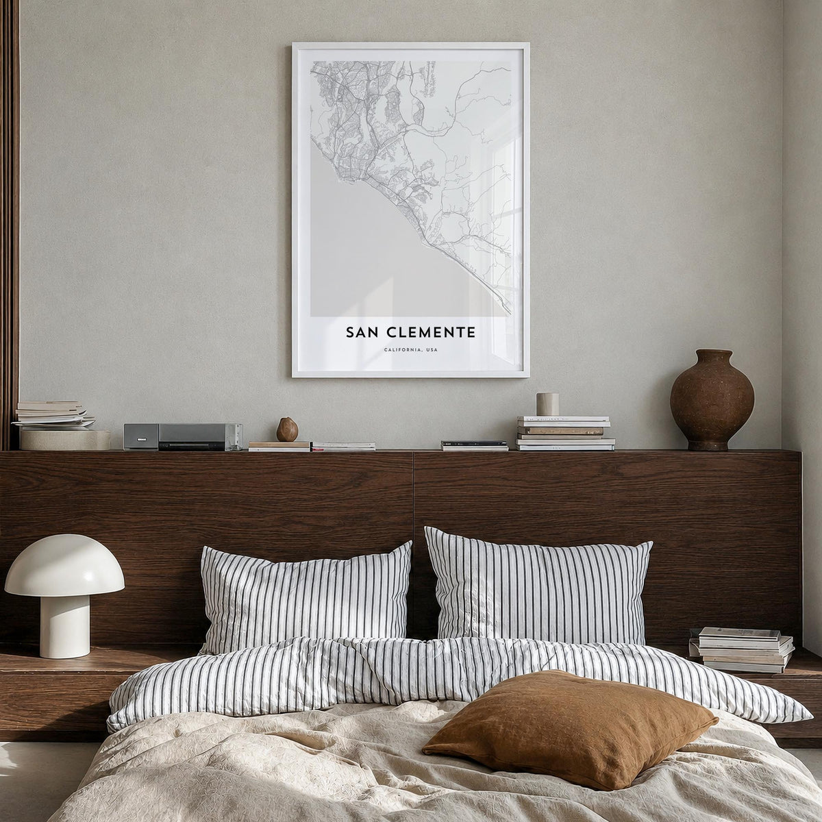 San Clemente black & white map poster of California, USA – vertical wall art in white wood frame, hanging on wall