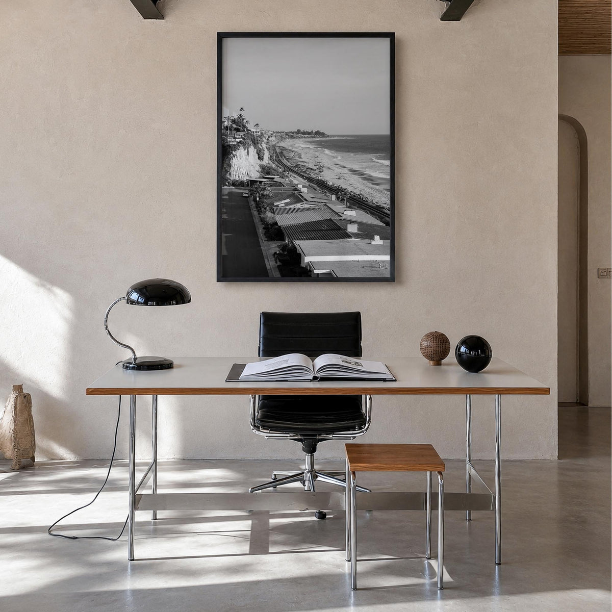 San Clemente black & white photo poster of California, USA – vertical wall art in black wood frame, hanging on wall