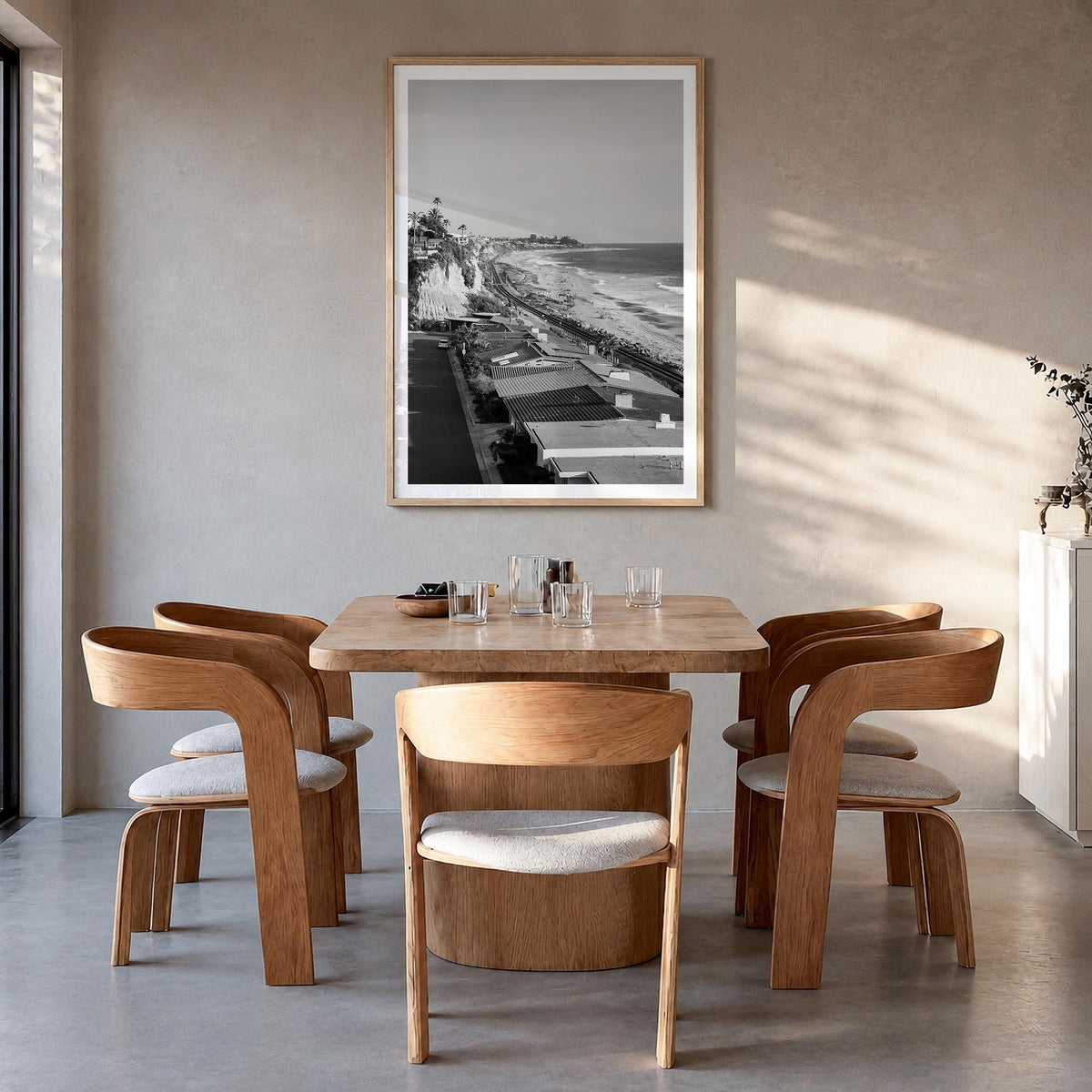 San Clemente black & white photo poster of California, USA – vertical wall art in natural wood frame with white border, hangi