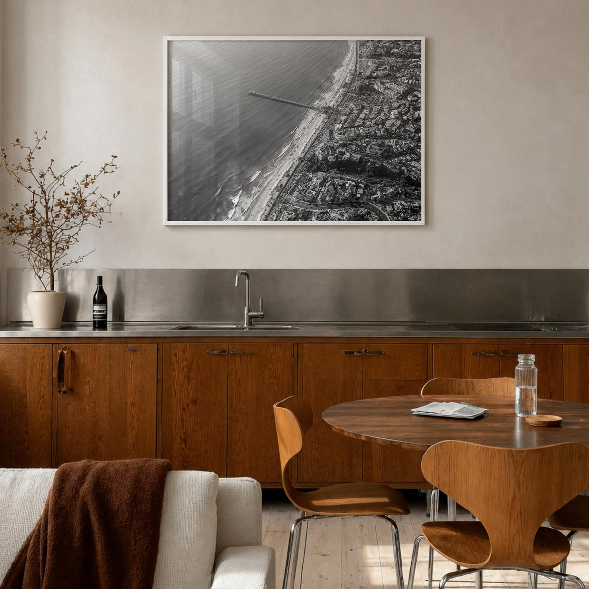 San Clemente black & white photo poster of California, USA – horizontal wall art in white wood frame, hanging on wall