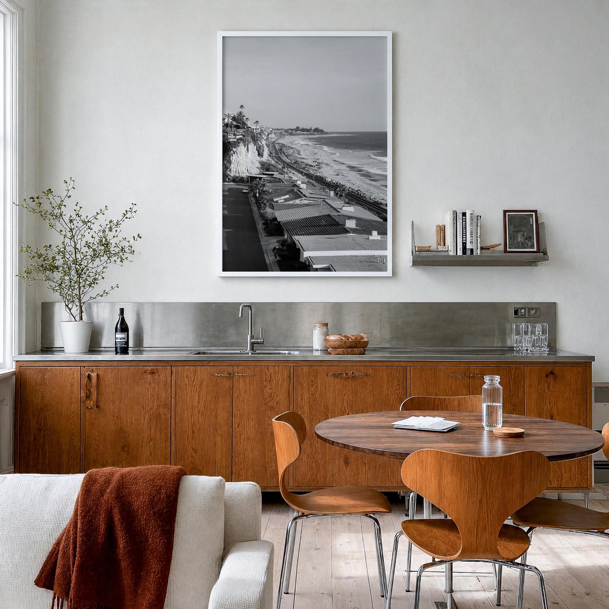 San Clemente black & white photo poster of California, USA – vertical wall art in white wood frame, hanging on wall