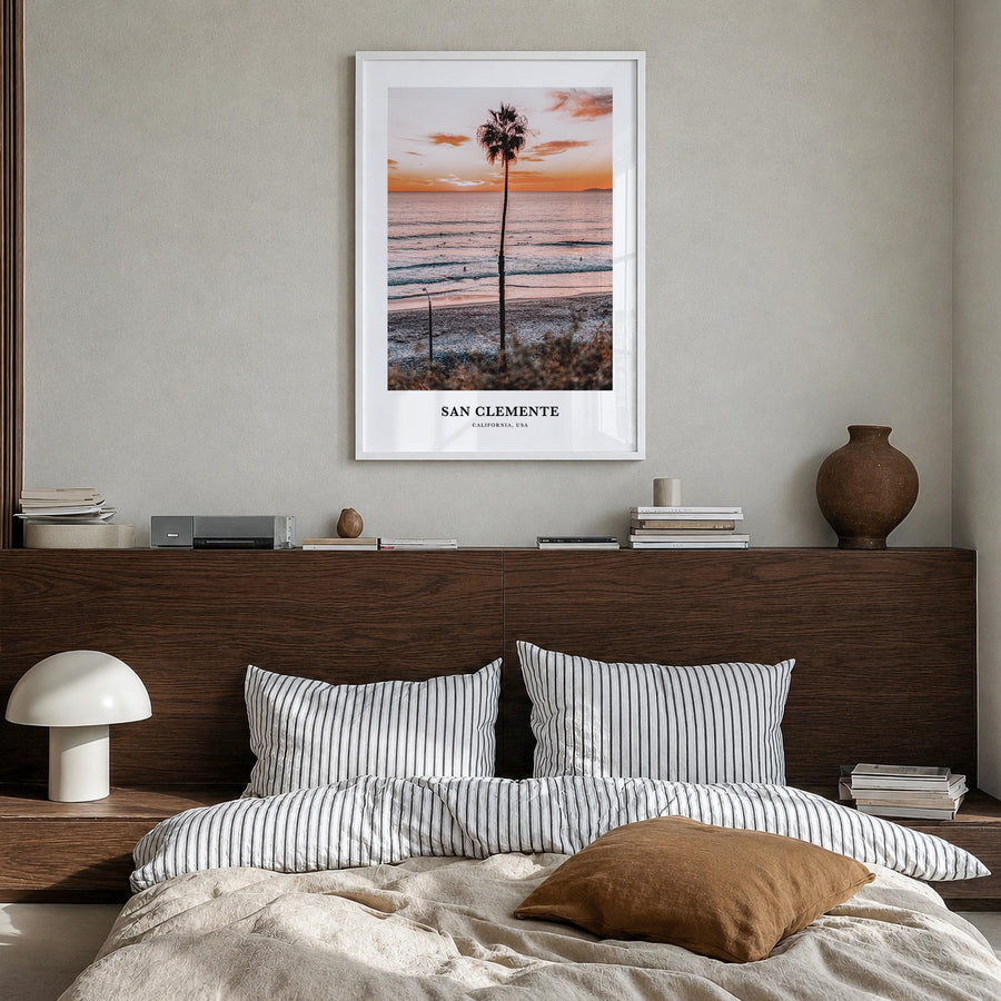 San Clemente colorful classic poster of California, USA – vertical wall art in white wood frame, hanging on wall