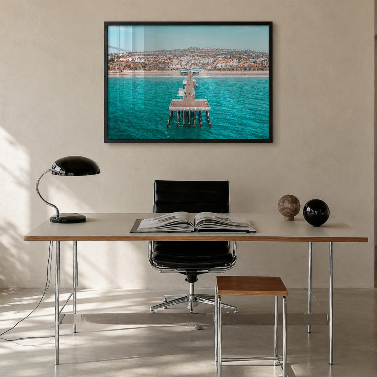 San Clemente colorful photo poster of California, USA – horizontal wall art in black wood frame, hanging on wall