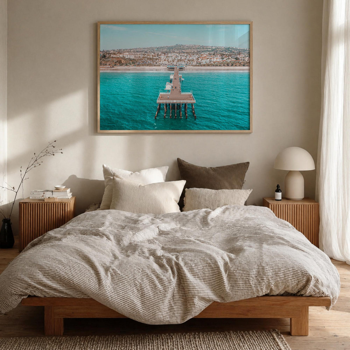 San Clemente colorful photo poster of California, USA – horizontal wall art in natural wood frame, hanging on wall