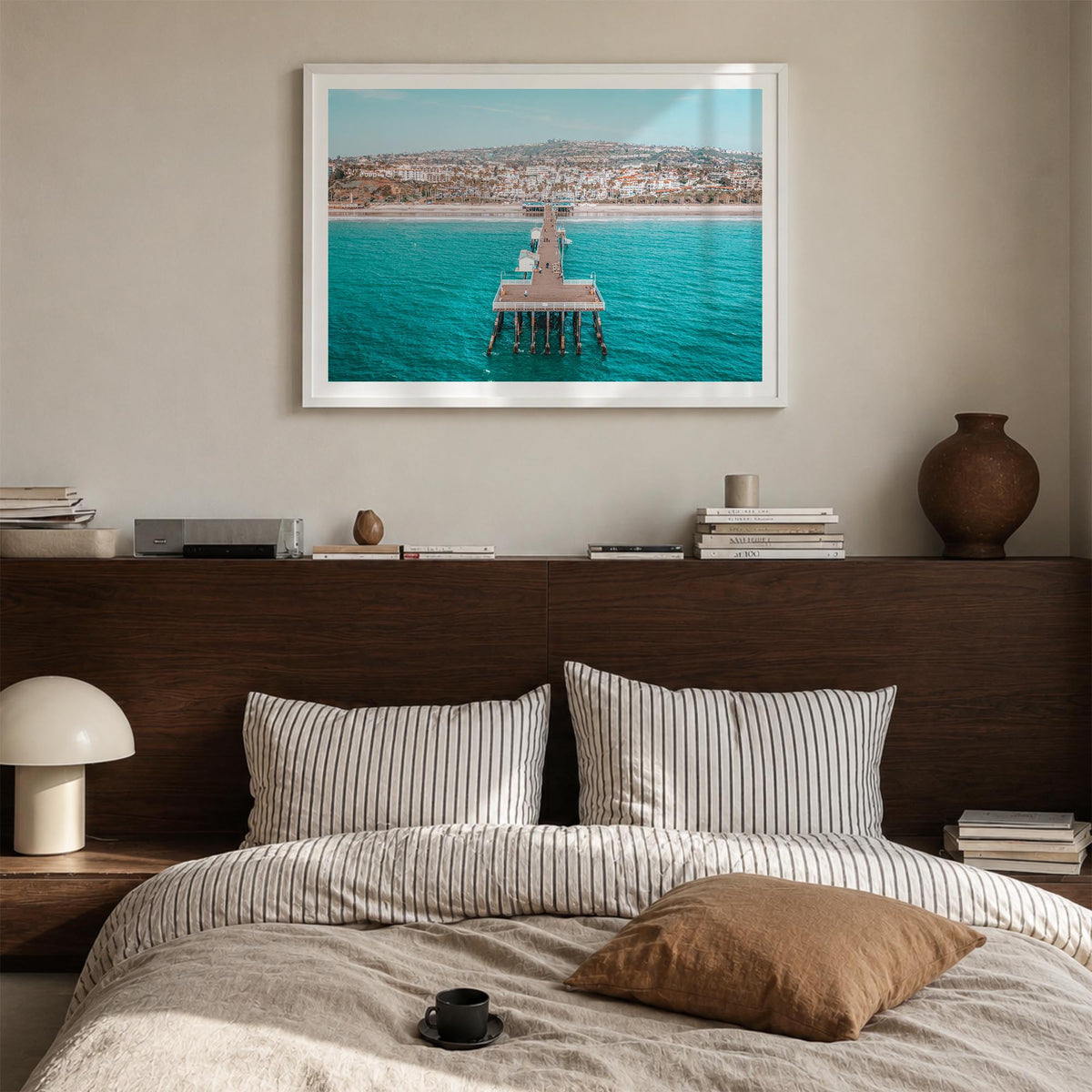 San Clemente colorful photo poster of California, USA – horizontal wall art in white wood frame with white border, hanging on
