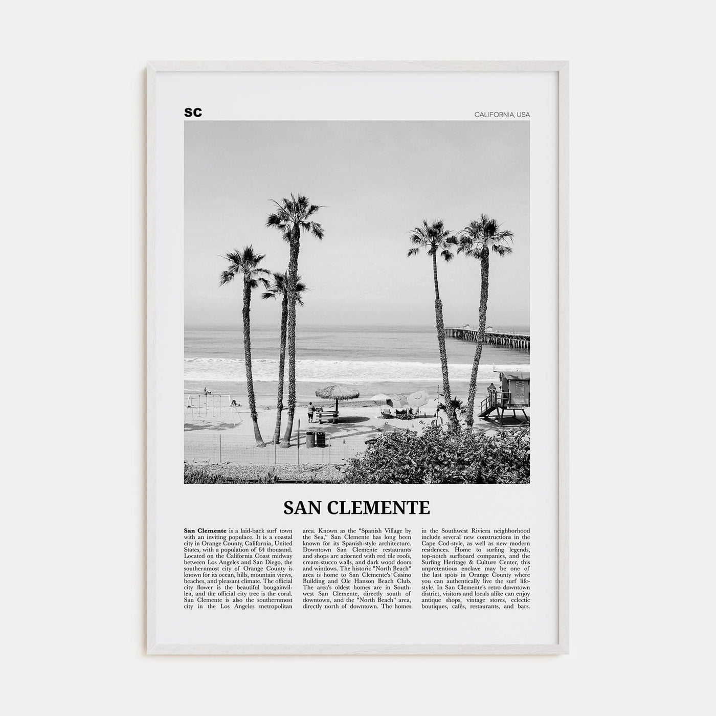 San Clemente No 1 Poster White Wood / 8x12 in Nbourhood Travel B&W Poster