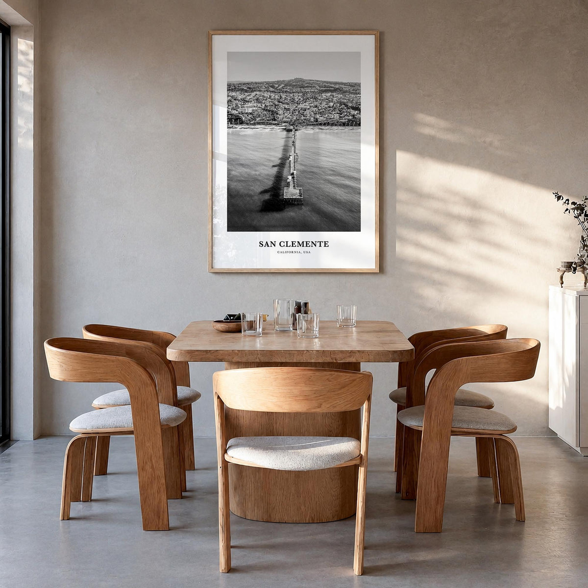 San Clemente no. 2 black & white classic poster of California, USA – vertical wall art in natural wood frame, hanging on wall