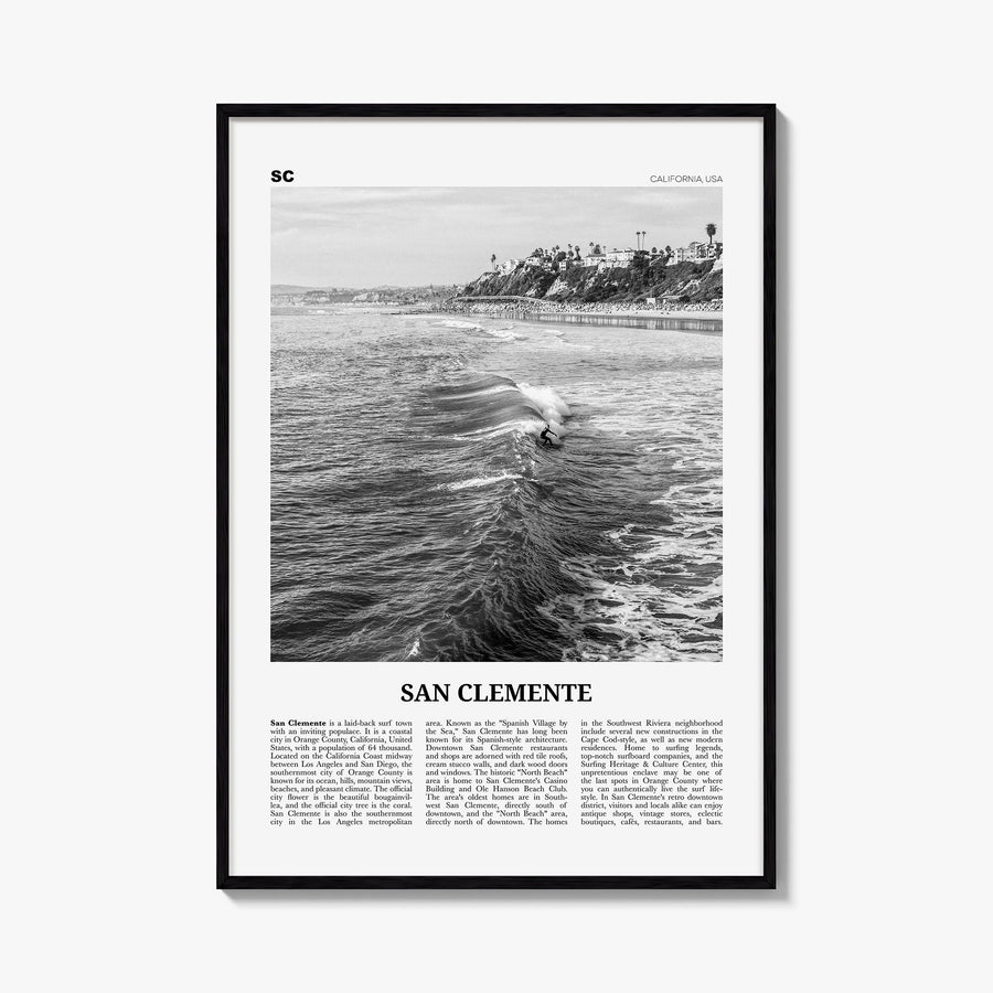 San Clemente no. 2 black & white newspaper poster of California, USA – vertical wall art, unframed print shown in interior mo