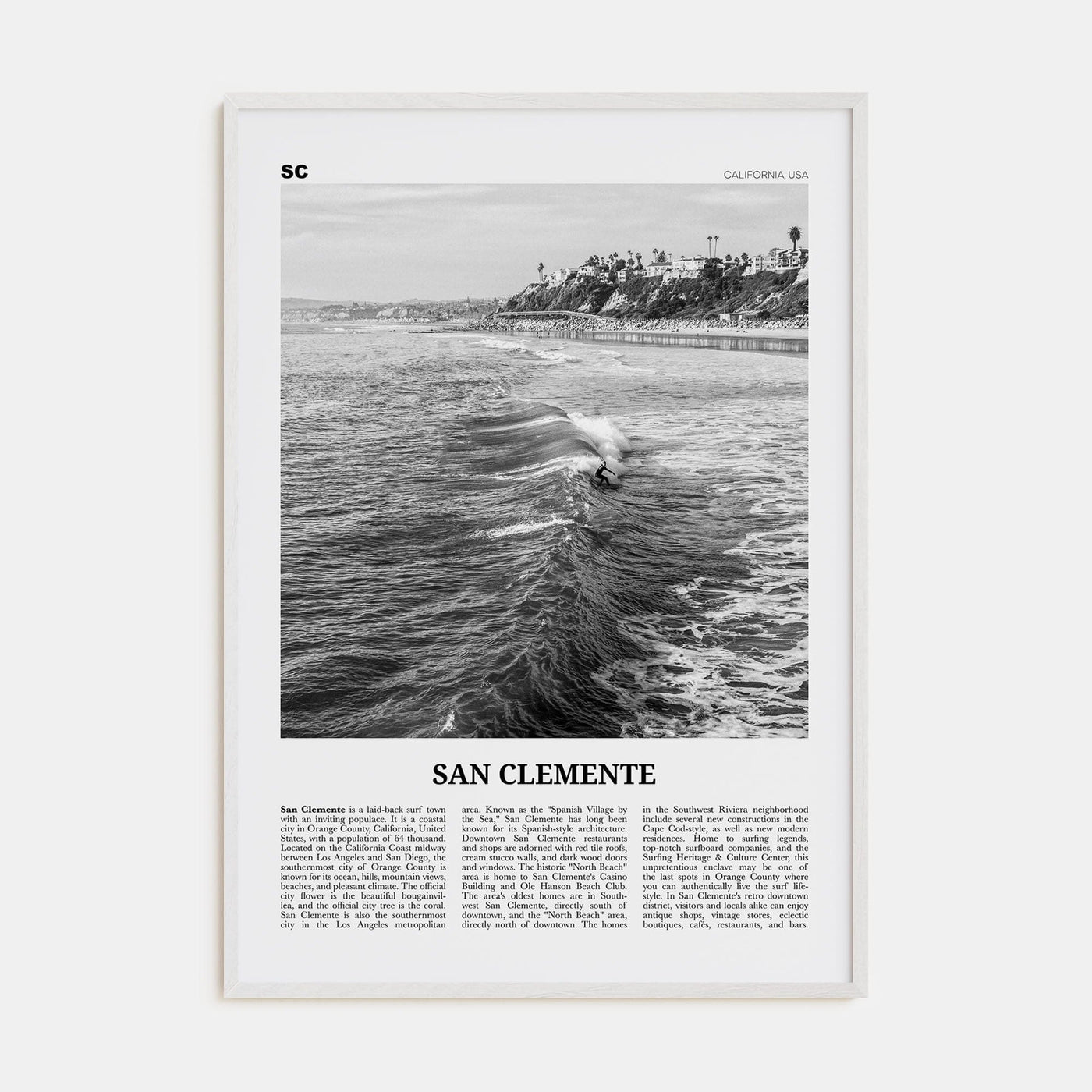 San Clemente No 2 Poster White Wood / 8x12 in Nbourhood Travel B&W Poster