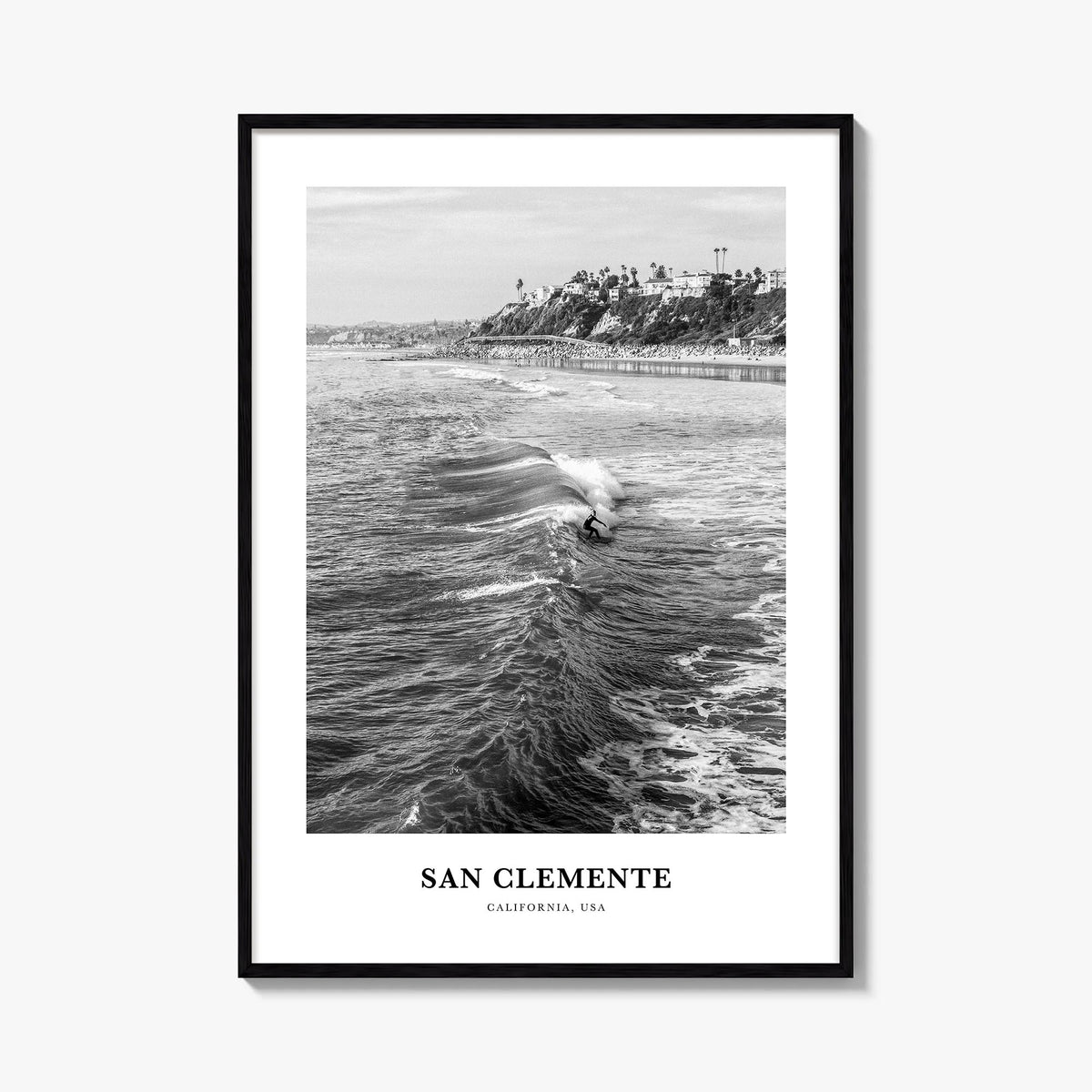 San Clemente no. 3 black & white classic poster of California, USA – vertical wall art, unframed print shown in interior mock