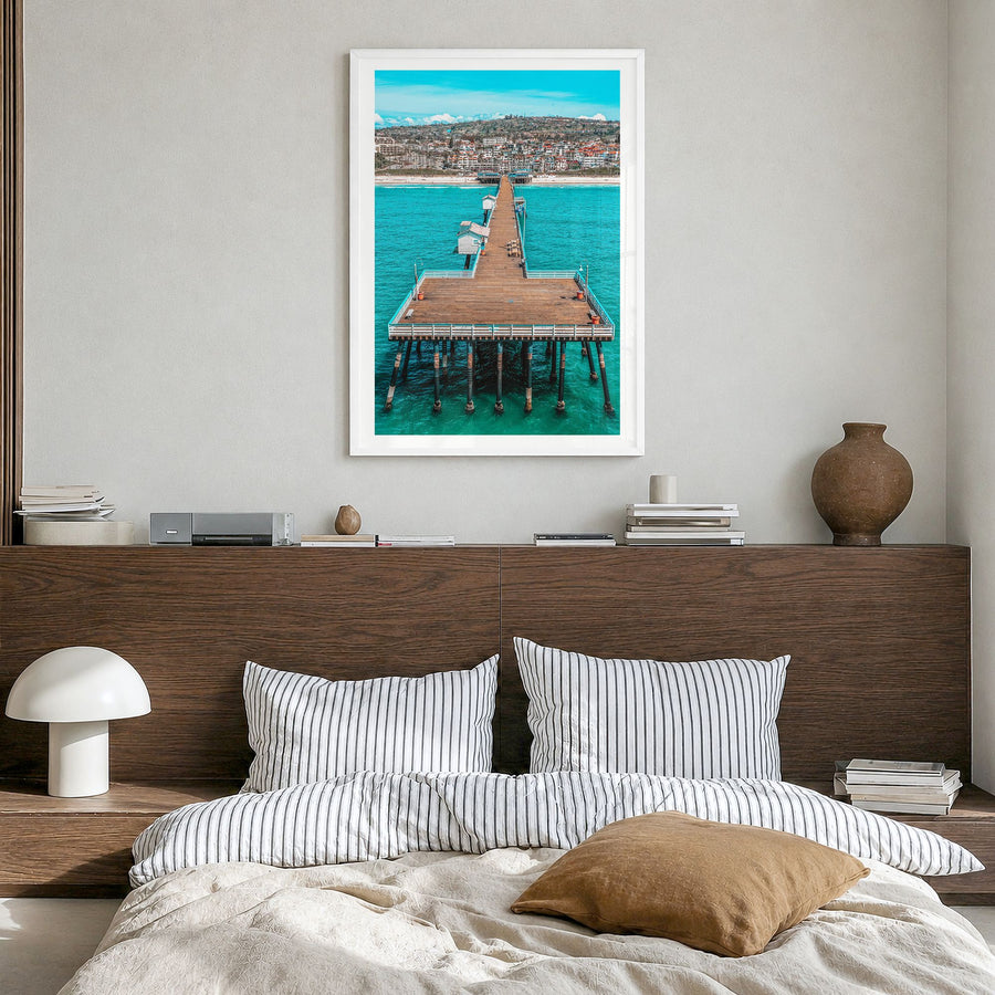 San Clemente Photo No 1 Poster in a white wood frame, hanging in a bedroom, white border