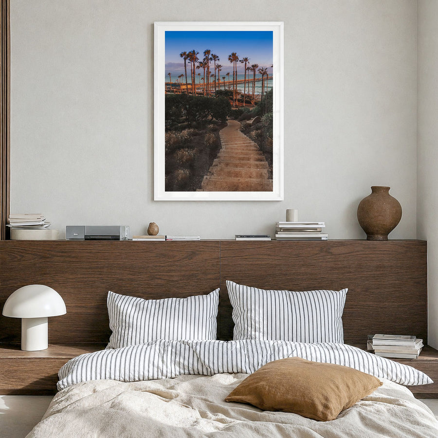 San Clemente Photo No 3 Poster in a white wood frame, hanging in a bedroom, white border