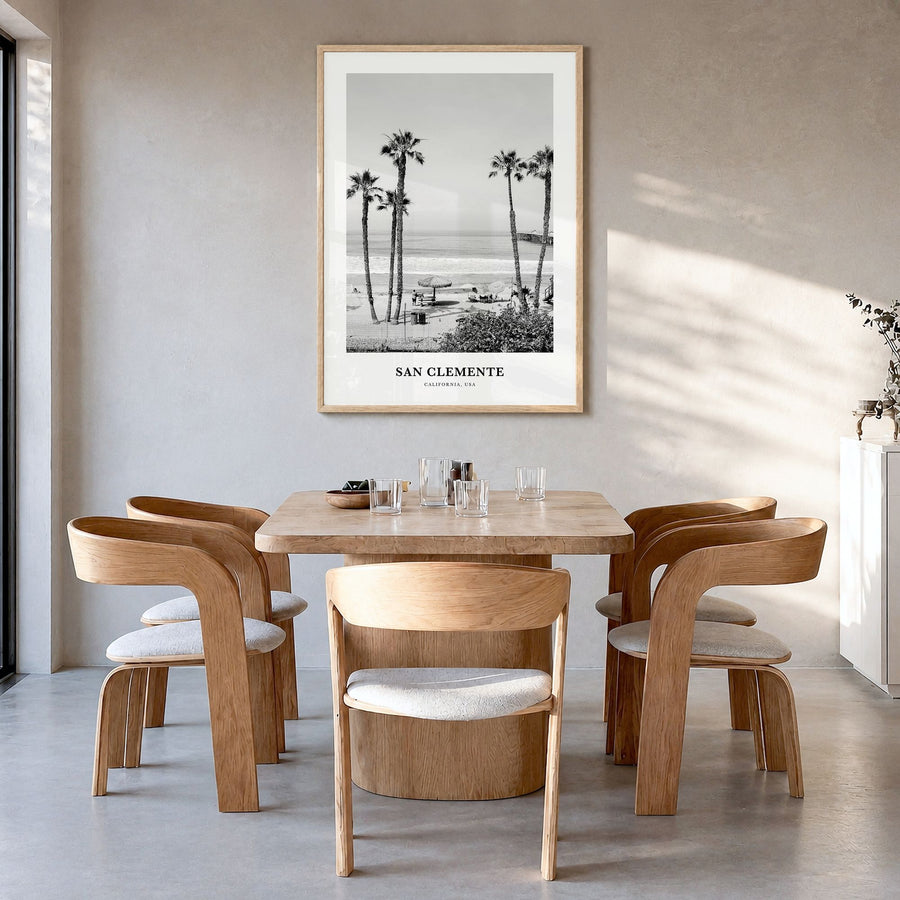 San Clemente Classic No 1 Poster in a natural wood frame, hanging in a dining room