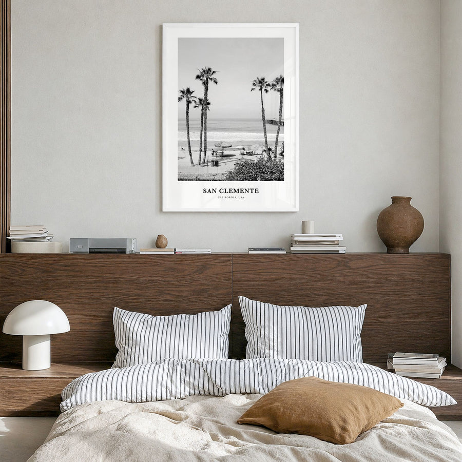 San Clemente Classic No 1 Poster in a white wood frame, hanging in a bedroom