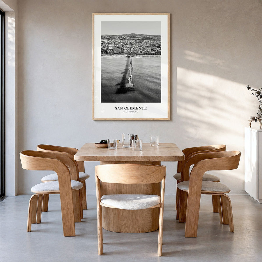 San Clemente Classic No 2 Poster in a natural wood frame, hanging in a dining room