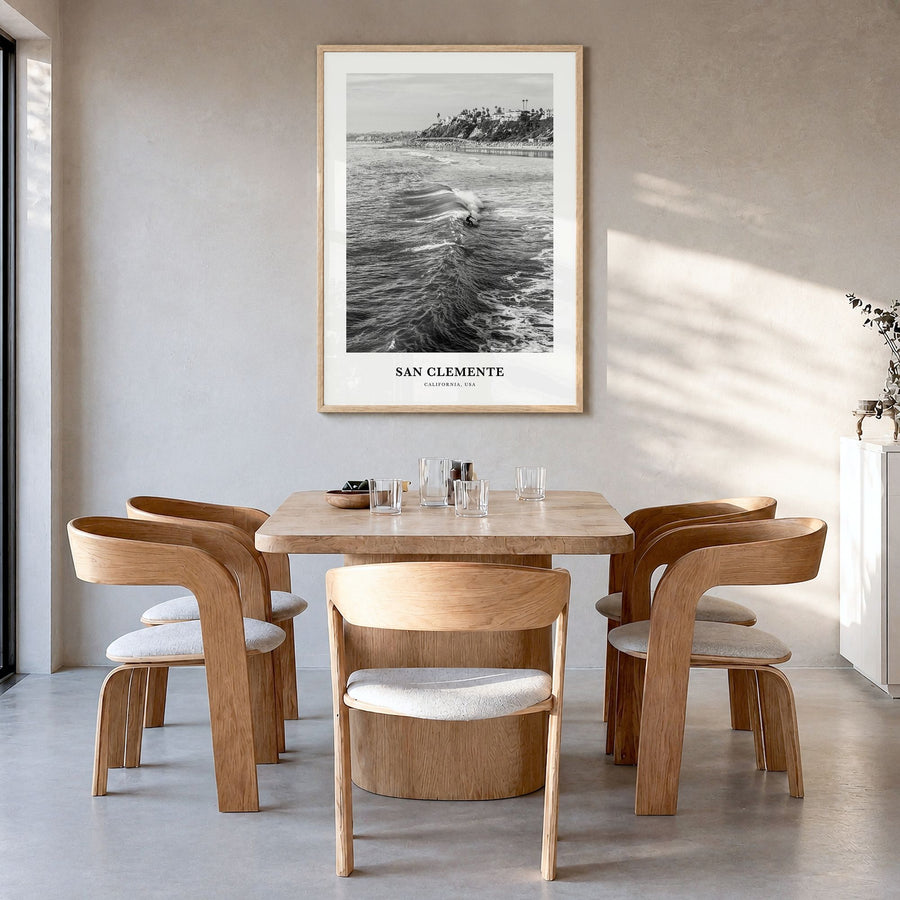 San Clemente Classic No 3 Poster in a natural wood frame, hanging in a dining room