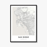 San Diego black & white map poster of California, USA – vertical wall art, unframed print shown in interior mockup