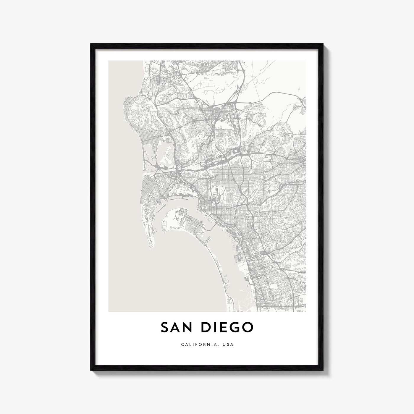 San Diego black & white map poster of California, USA – vertical wall art, unframed print shown in interior mockup