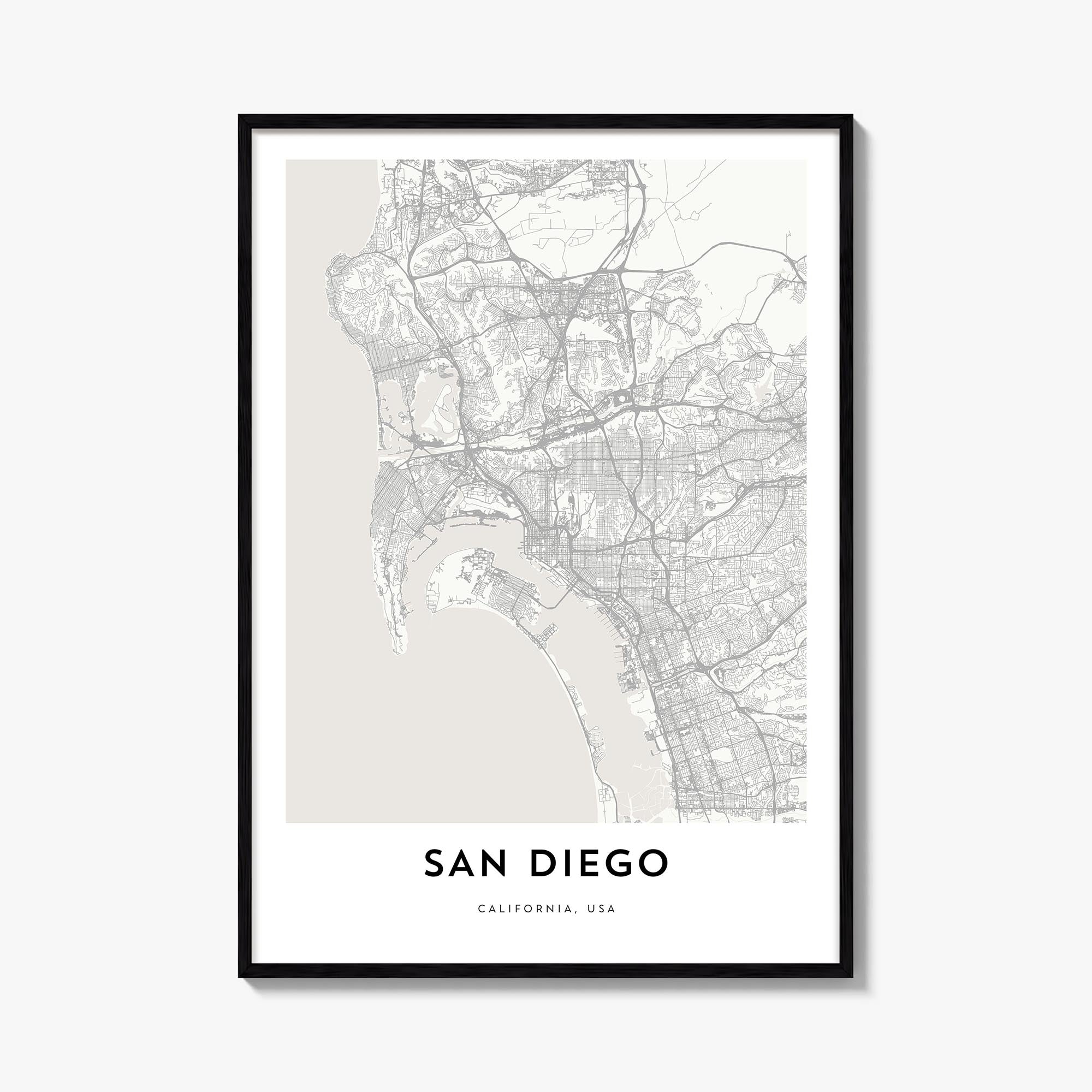 San Diego black & white map poster of California, USA – vertical wall art, unframed print shown in interior mockup