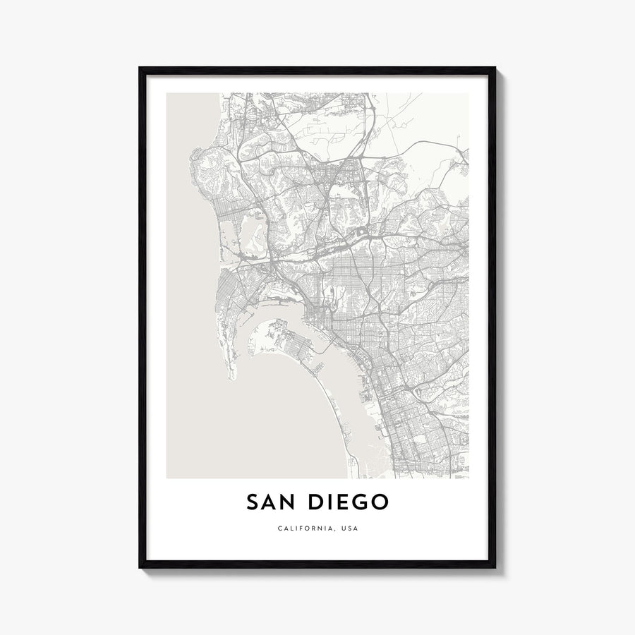 San Diego black & white map poster of California, USA – vertical wall art, unframed print shown in interior mockup