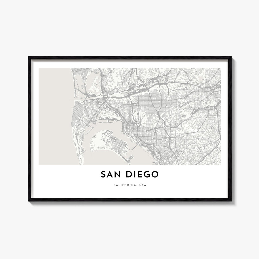 San Diego black & white map poster of California, USA – horizontal wall art, unframed print shown in interior mockup