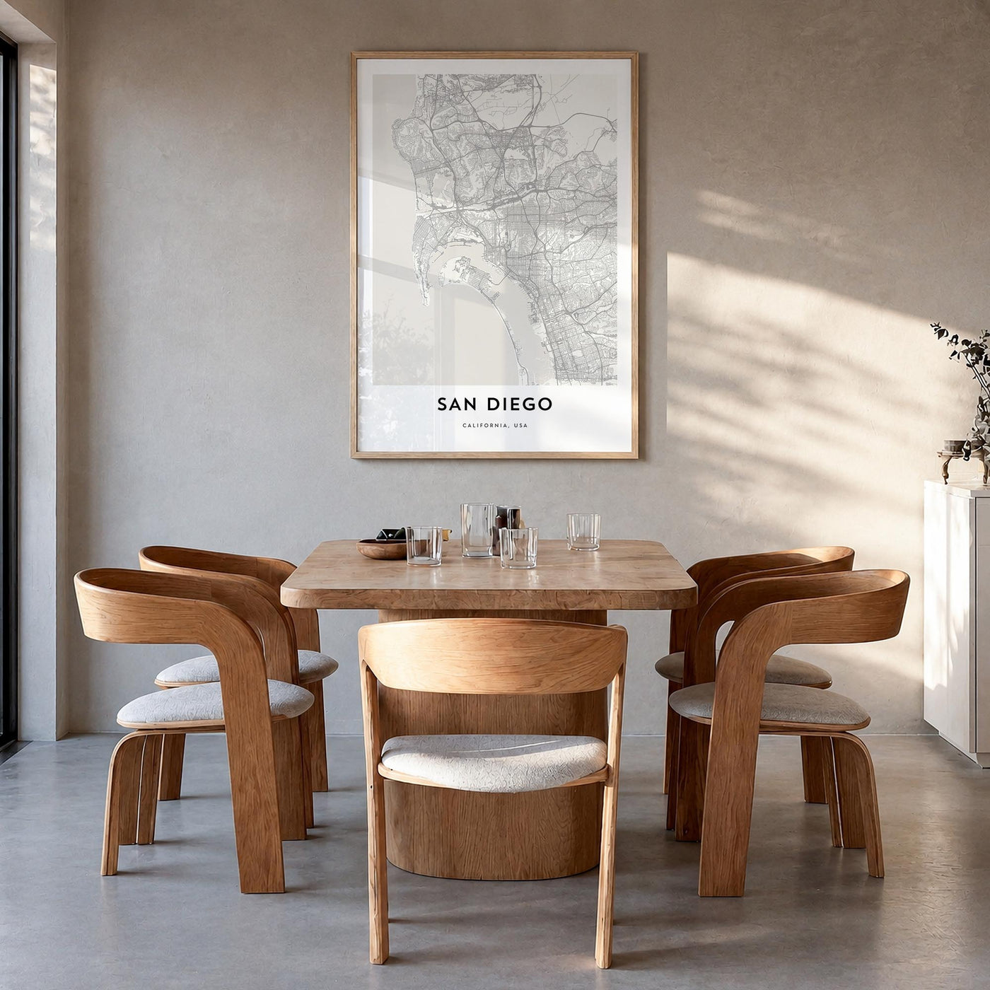 San Diego black & white map poster of California, USA – vertical wall art in natural wood frame, hanging on wall