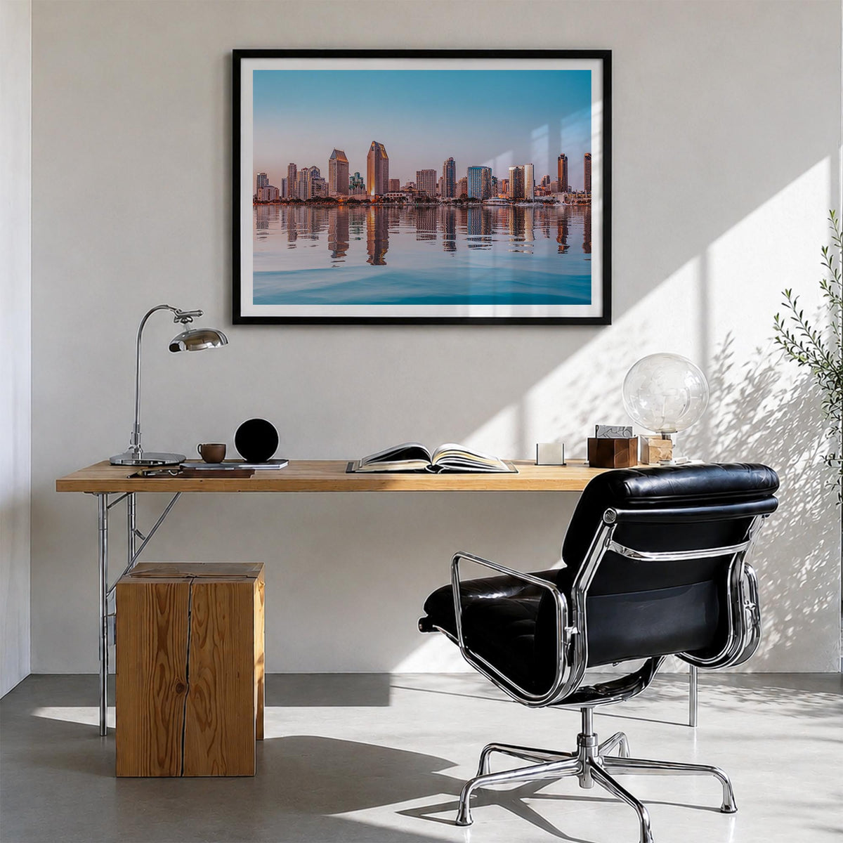 San Diego colorful photo poster of California, USA – horizontal wall art in black wood frame with white border, hanging on wa