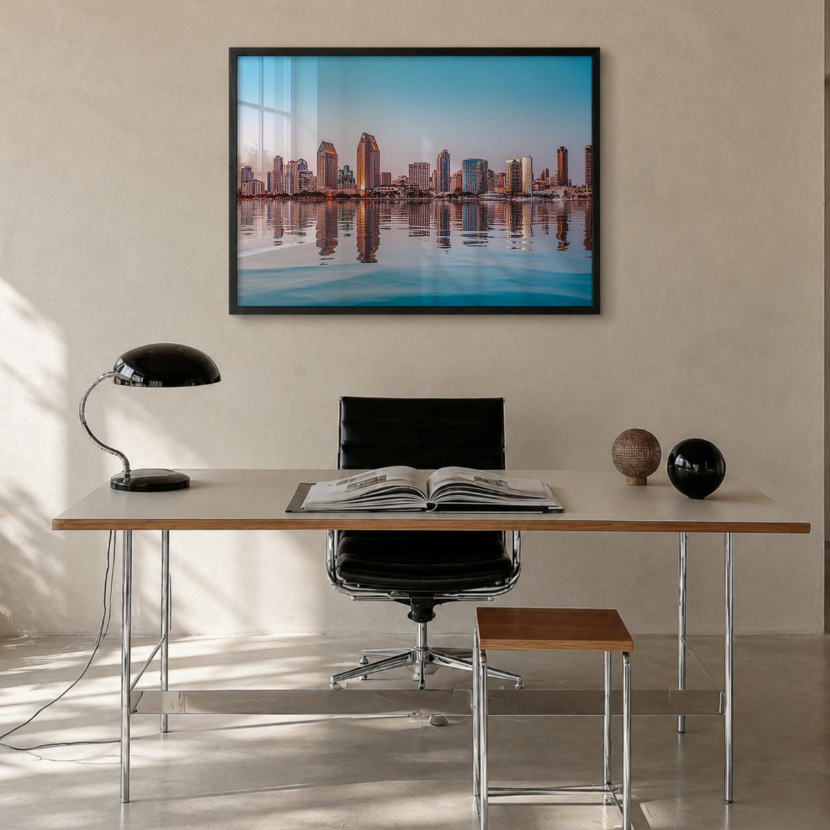San Diego colorful photo poster of California, USA – horizontal wall art in black wood frame, hanging on wall
