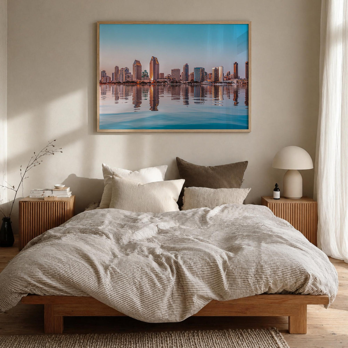 San Diego colorful photo poster of California, USA – horizontal wall art in natural wood frame, hanging on wall