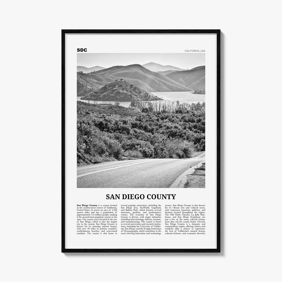 San Diego County black & white newspaper poster of California, USA – vertical wall art, unframed print shown in interior mock