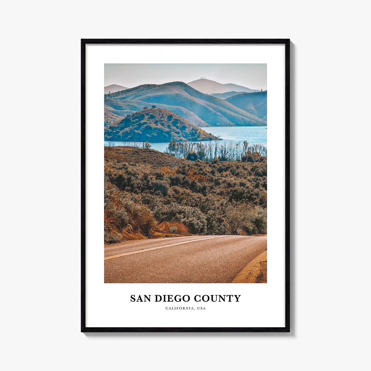 San Diego County colorful classic poster of California, USA – vertical wall art, unframed print shown in interior mockup