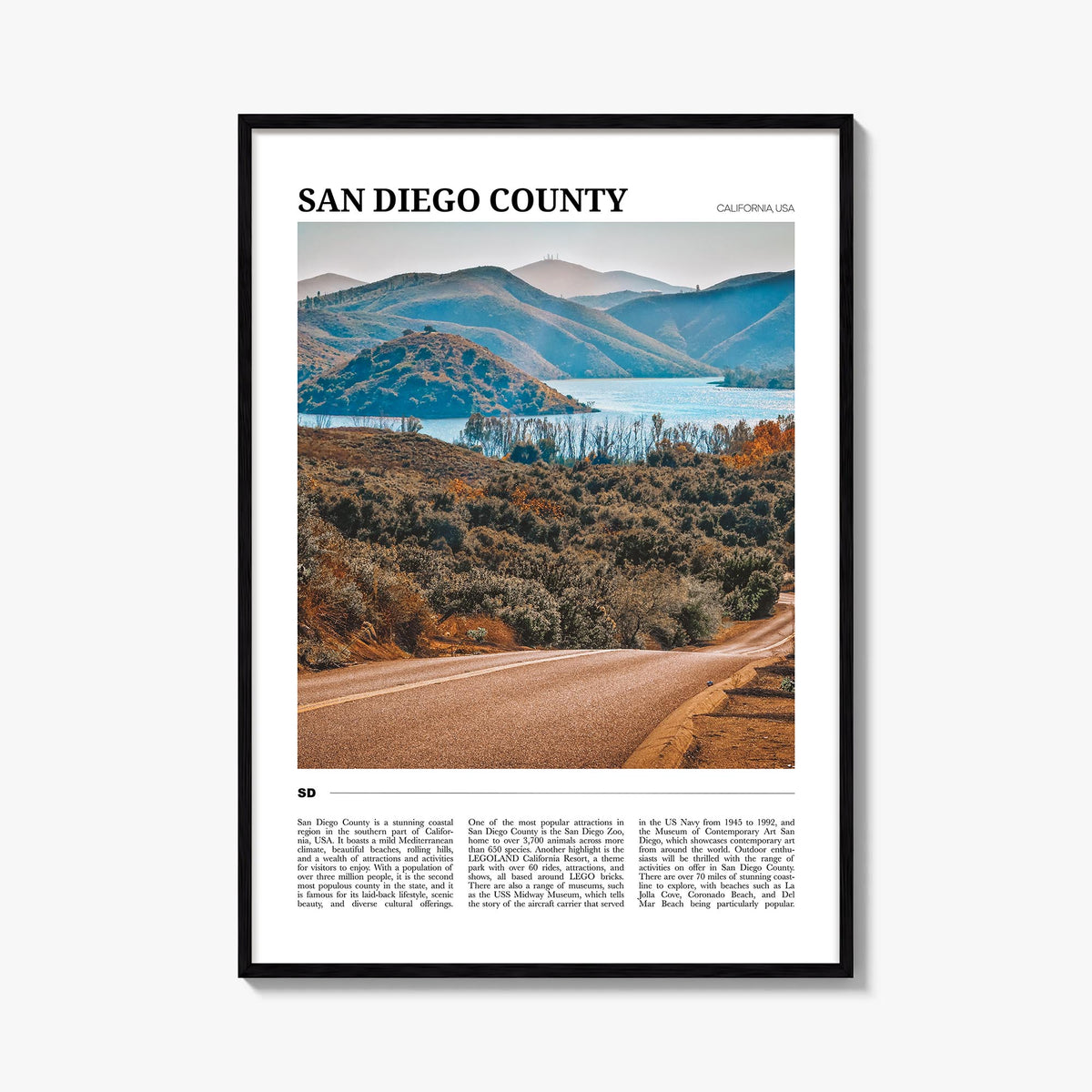 San Diego County colorful travel poster of California, USA – vertical wall art, unframed print shown in interior mockup