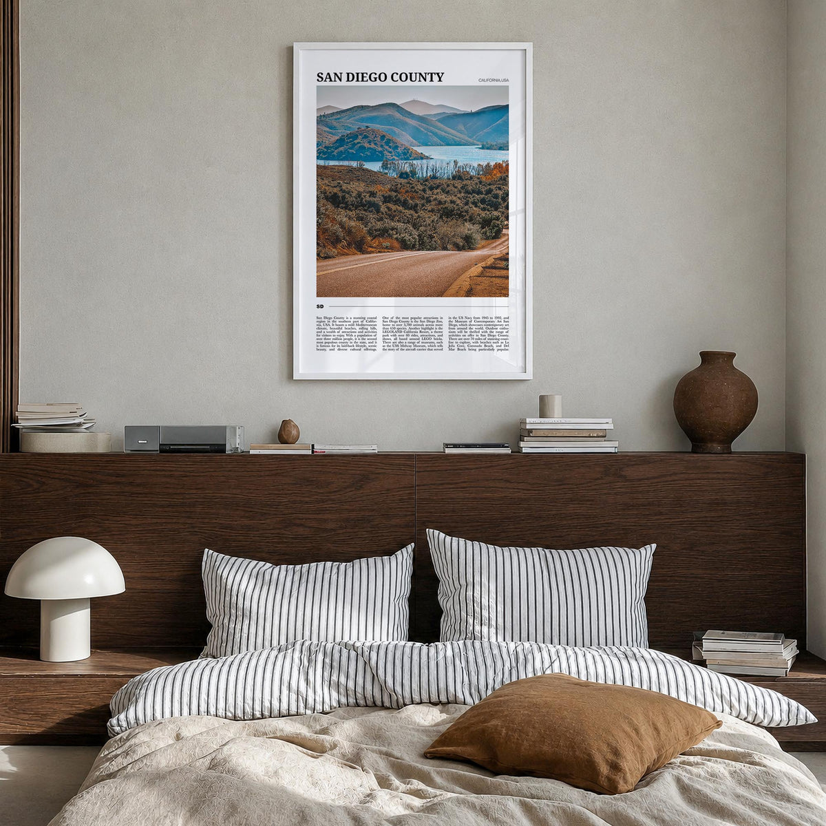 San Diego County colorful travel poster of California, USA – vertical wall art in white wood frame, hanging on wall