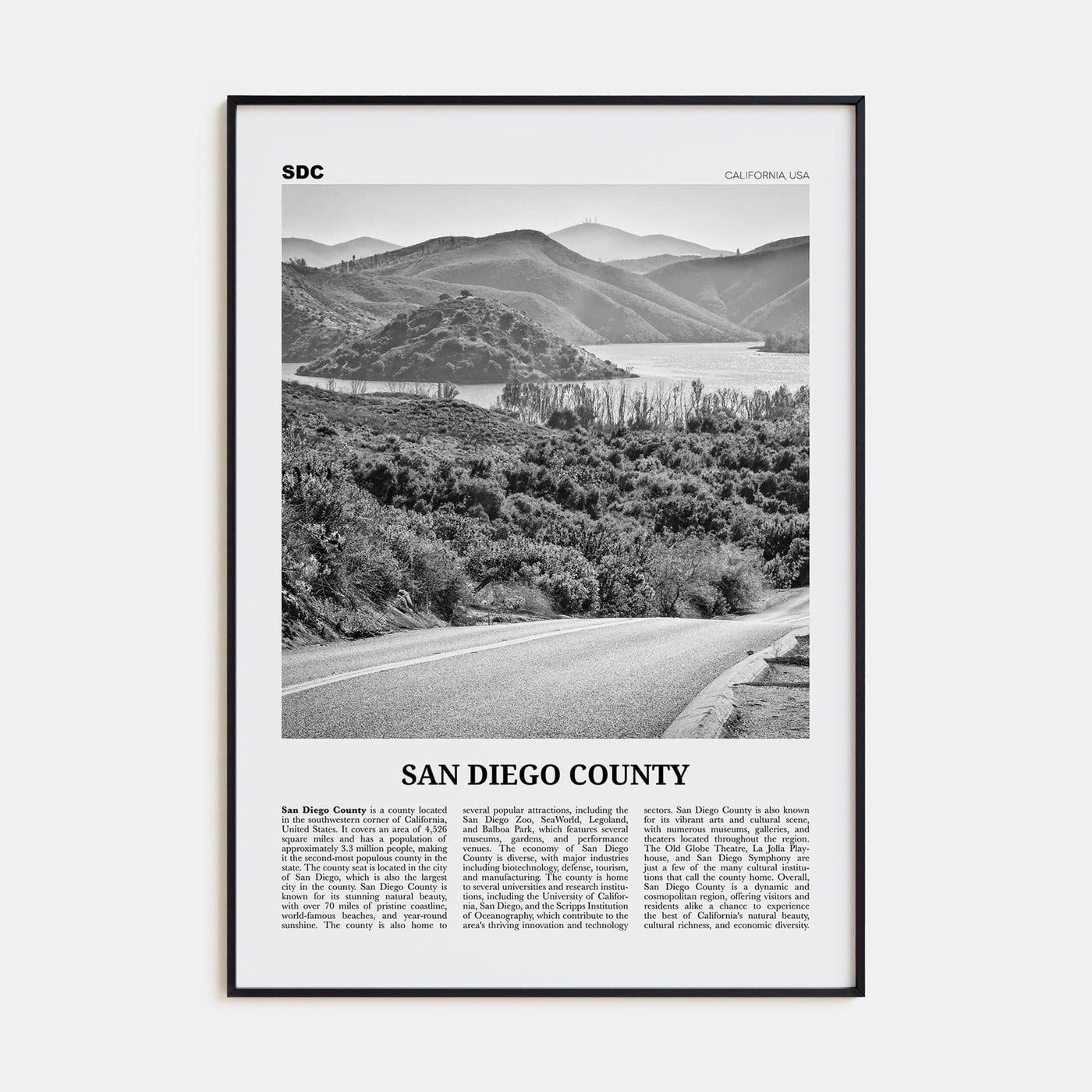 San Diego County Poster Black Metal / 8x12 in Nbourhood Travel B&W Poster