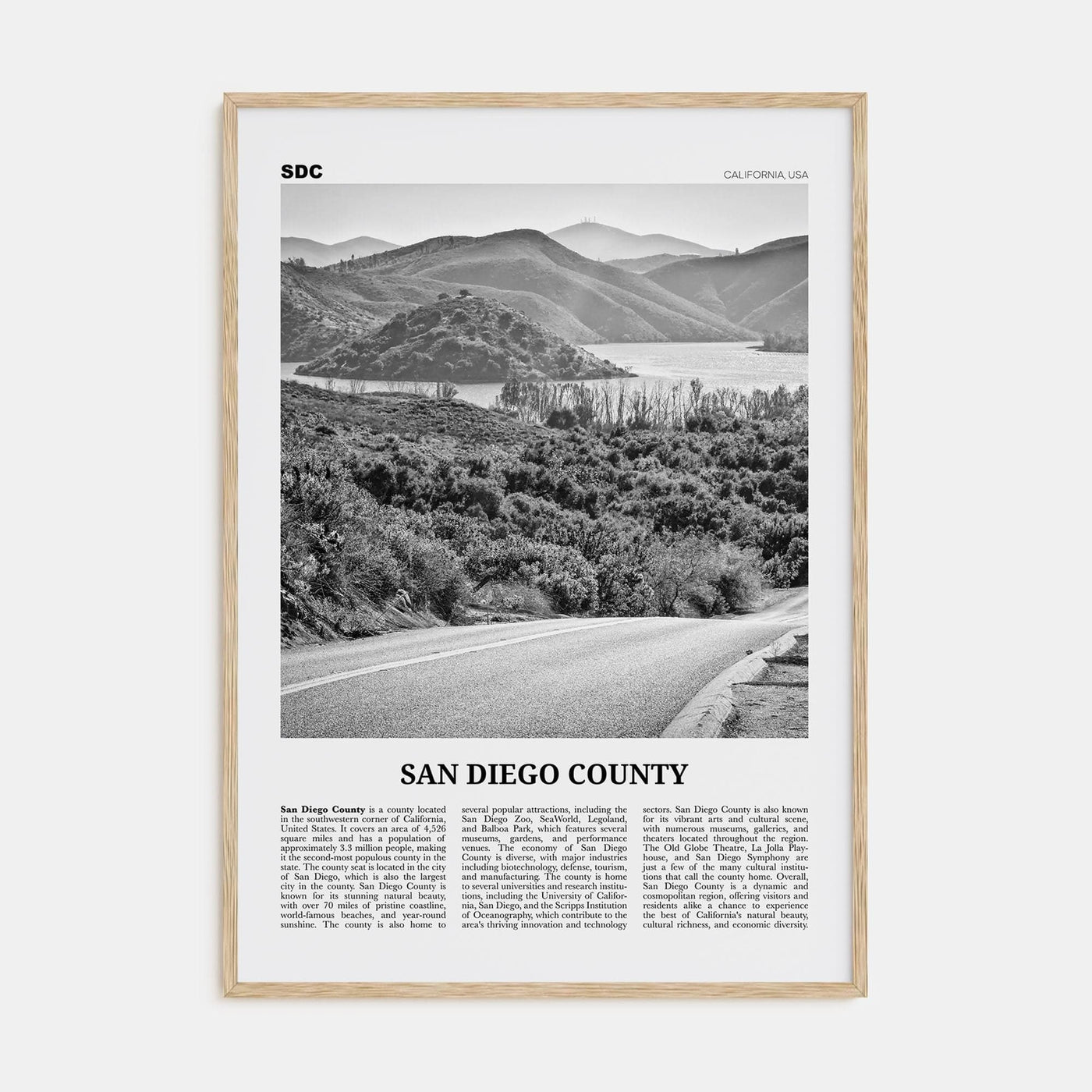 San Diego County Poster Natural Wood / 8x12 in Nbourhood Travel B&W Poster