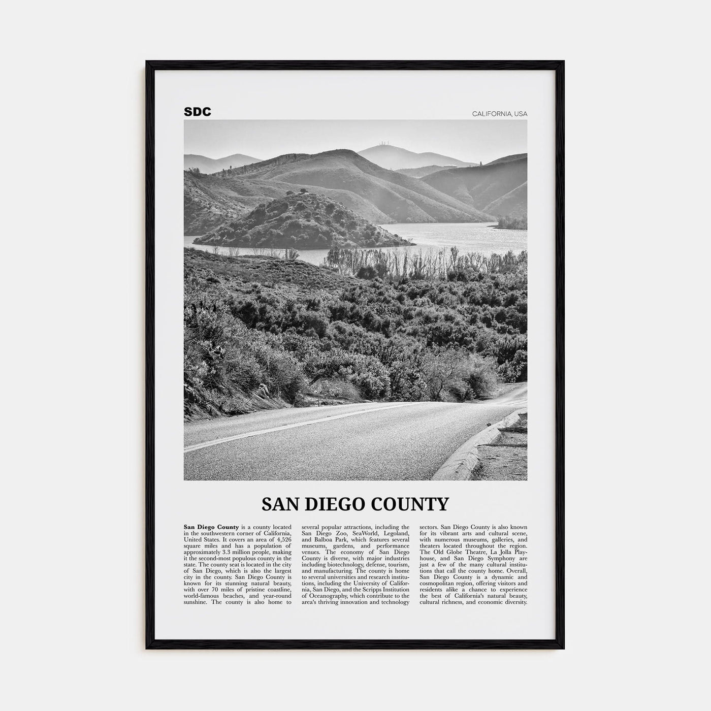 San Diego County Poster Black Wood / 8x12 in Nbourhood Travel B&W Poster