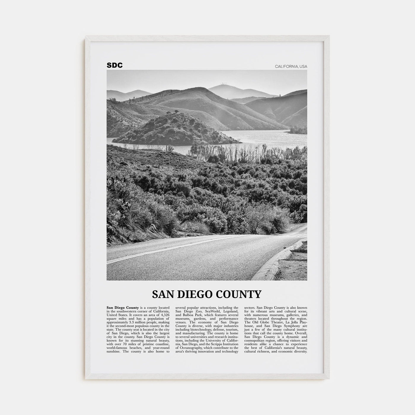 San Diego County Poster White Wood / 8x12 in Nbourhood Travel B&W Poster