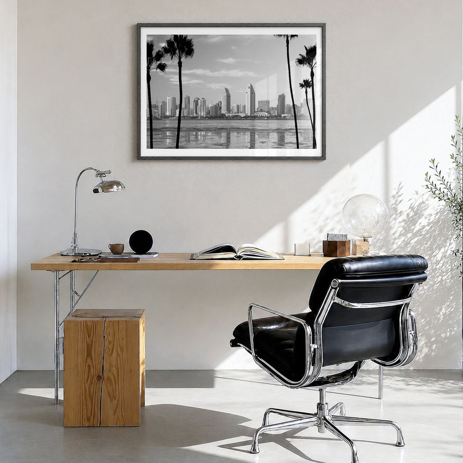 San Diego Photo No 1 Poster in a black wood frame, hanging in a bright home office, white border