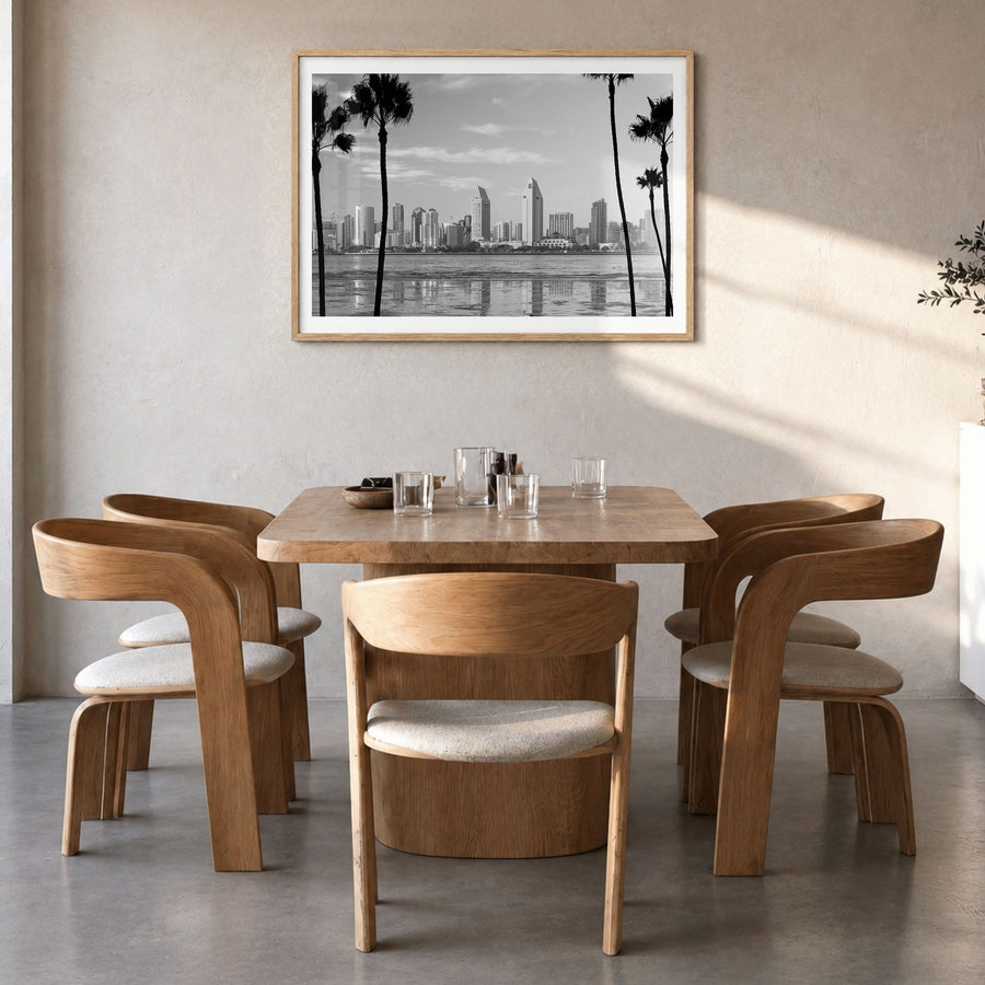 San Diego Photo No 1 Poster in a natural wood frame, hanging in a dining room, white border