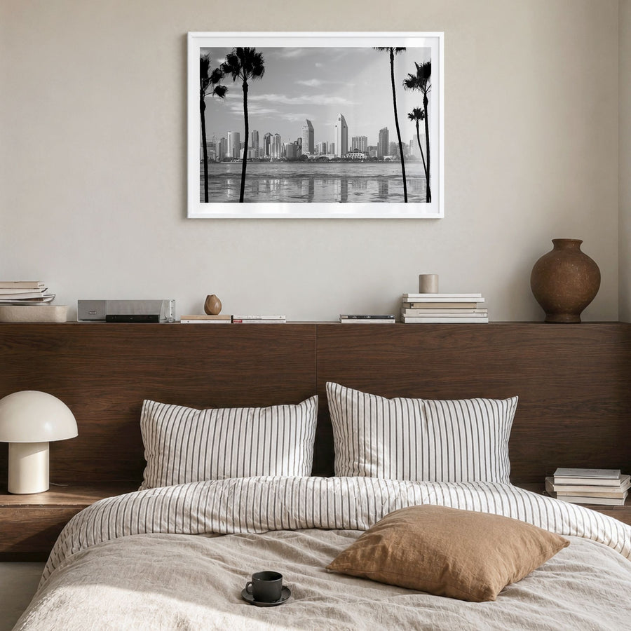 San Diego Photo No 1 Poster in a white wood frame, hanging in a bedroom, white border