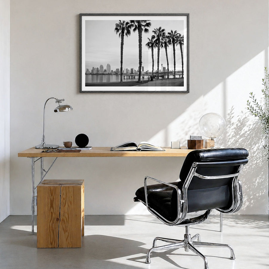 San Diego Photo No 2 Poster in a black wood frame, hanging in a bright home office, white border