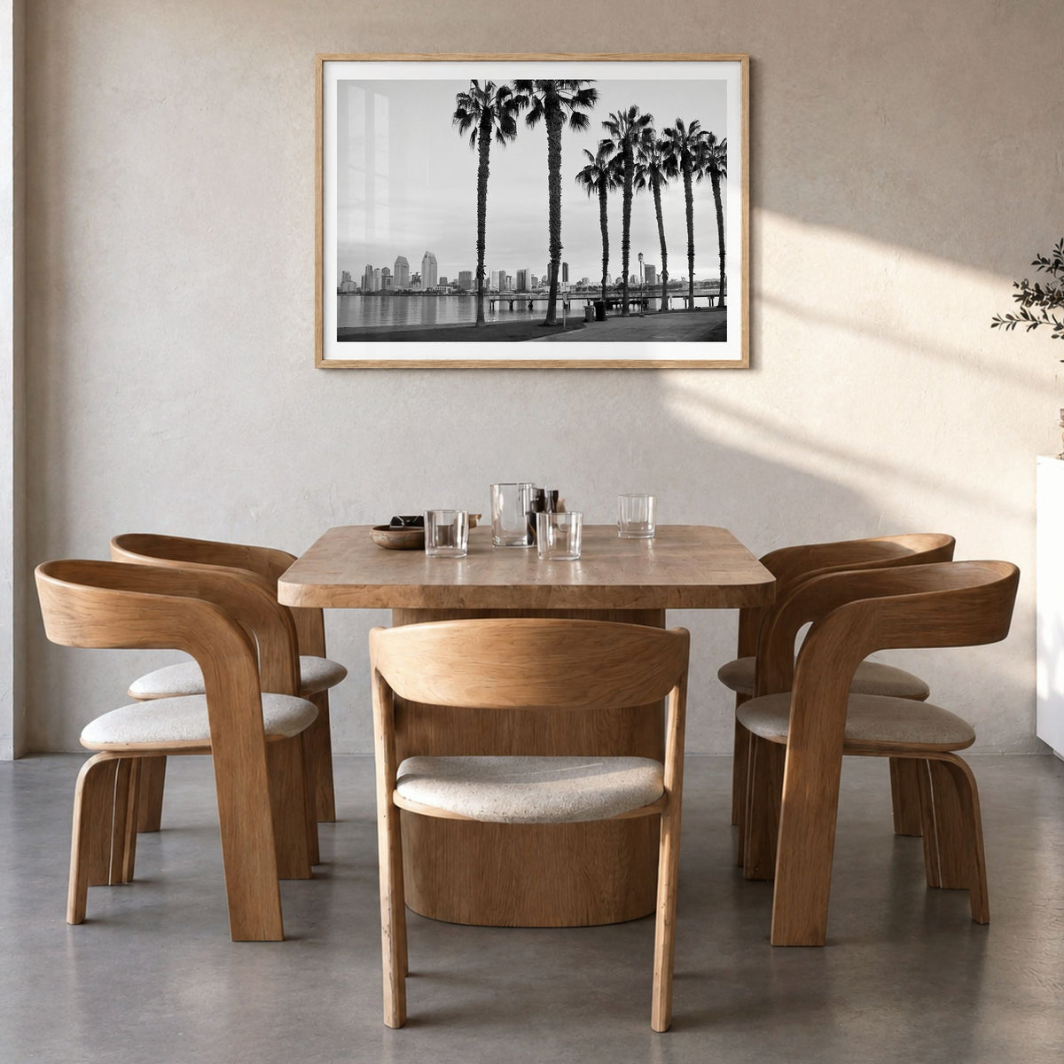 San Diego Photo No 2 Poster in a natural wood frame, hanging in a dining room, white border