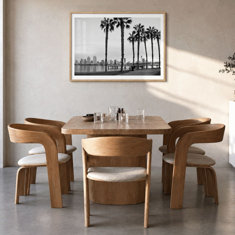 San Diego Photo No 2 Poster in a natural wood frame, hanging in a dining room, white border