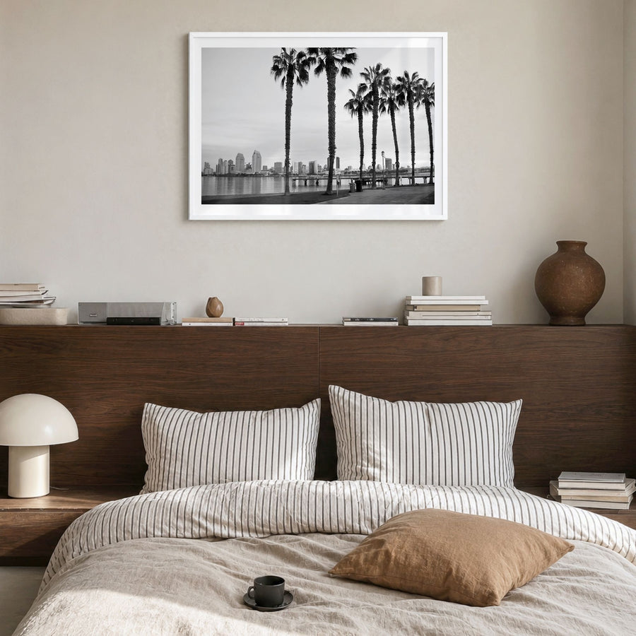 San Diego Photo No 2 Poster in a white wood frame, hanging in a bedroom, white border
