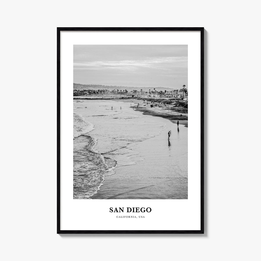 San Diego no. 1 black & white classic poster of California, USA – vertical wall art, unframed print shown in interior mockup